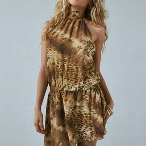 Urban Outfitters Ecote Delphone Leopard Asymmetric Halter Mini Dress